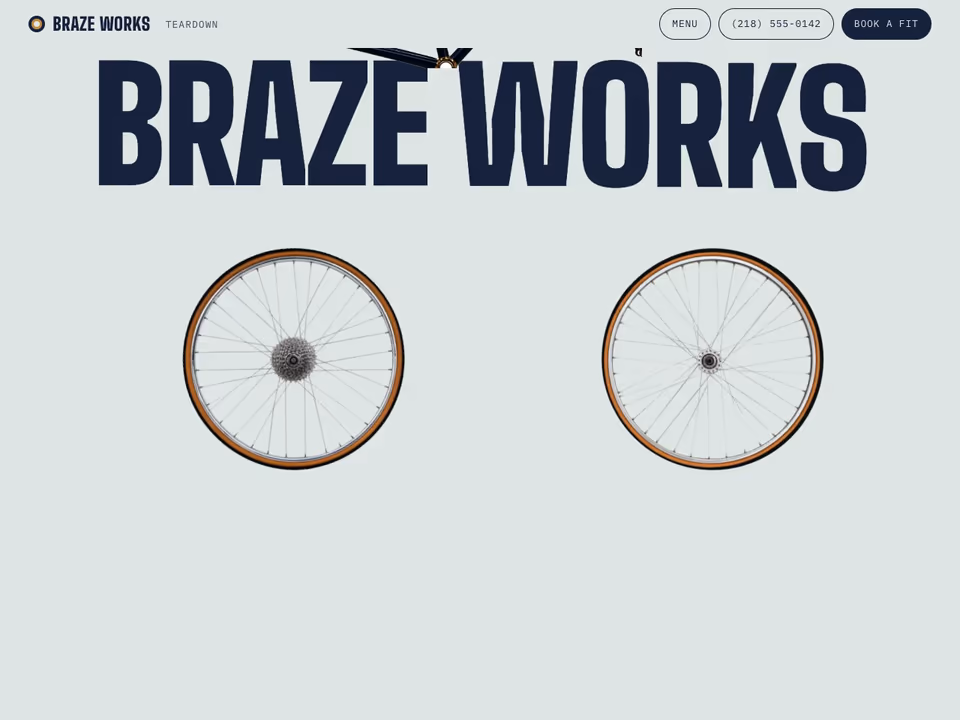 Braze Works bike shop site: a navy steel bike under the BRAZE WORKS wordmark